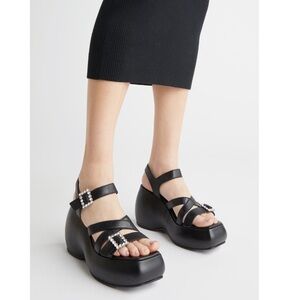 Free People Brooklyn Ankle Strap Platform Sandal Black Metallic Leather Womens 8